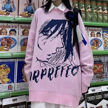 Japonské Anime Tlač Zimný Sveter Žena V Pohode Dievča Bežné Zahusťovanie Teplé Nadrozmerné Svetre Ružový Pulóver Kawaii Streetwear