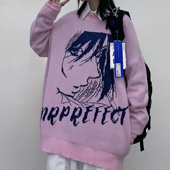 Japonské Anime Tlač Zimný Sveter Žena V Pohode Dievča Bežné Zahusťovanie Teplé Nadrozmerné Svetre Ružový Pulóver Kawaii Streetwear