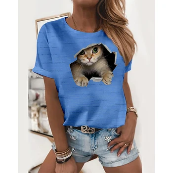 Letné dámske 3D Cute Cat Digitálna Tlač Top okolo Krku T Tričko Retro Tees Bežné Tričko Oblečenie Žien Streewear