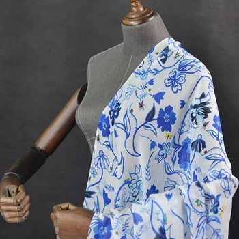 Modrej a bielej kvetinový tlač čistý hodváb hodvábny šifón textílie pre letné šaty a šatku,SCF173