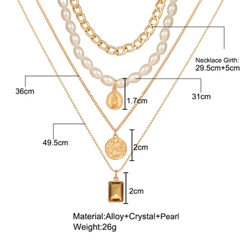 17KM České Multi-Vrstvený Perlový Náhrdelník Prívesok Punk Geometrické Námestie Mince Crystal Prívesok Náhrdelník Ženy 2021 Módne Šperky