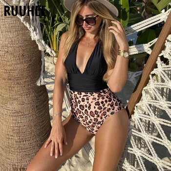RUUHEE jednodielne dámske Plavky Plus Veľkosť Bikini Kvet Leopard Tlač Push Up Čalúnená Trikini Žena, plavky 2021 Plavky