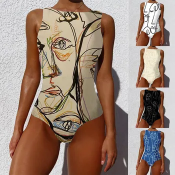 S-XXL jedinečné Ručne maľované plavky mayot de bain femme Ženy Graffiti Abstraktné Tlač Široké Popruhy Vysoká Krku Backless Plavky F4