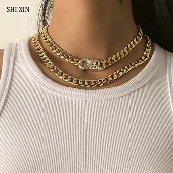 SHIXIN 2 Ks Vrstvený Hrubé Kubánskej Reťazí Náhrdelník na Krku Ženy Hip Hop Drahokamu Pracky Krátke Choker Náhrdelníky 2021 Šperky