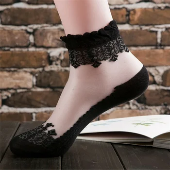 Ženy Transparentné Tenké Kvet Čipky Ponožky Krištáľové Sklo, Hodvábne Krátke Ponožky