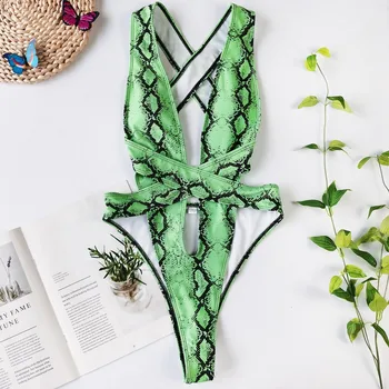 Kríž Obväz Monokiny Hada tlače jednodielne plavky sexi Neon Zelená Plavky ženy jednodielne plavky Výrez Pláži Kúpajúcich