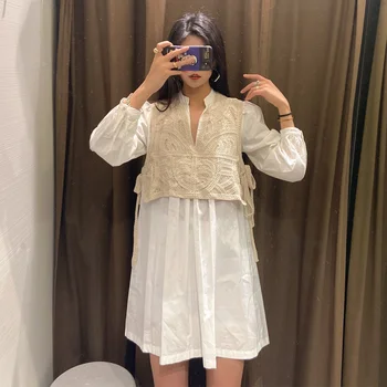 2021 ZA nové módne Biele Duté pletené falošné dvoch-dielny vesta šitie popelín šaty pre ženy