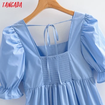 Tangada 2021 Lete Ženy francúzsky Štýl Modré Šaty Lístkového Krátky Rukáv Dámske Sundress Späť Luk SY248