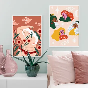 Retro dievča motýľ holubica, kvet, list wall art plátno na maľovanie Nordic plagáty a vytlačí obývacia izba dekorácie maľovanie na stenu pi