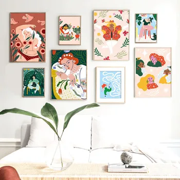 Retro dievča motýľ holubica, kvet, list wall art plátno na maľovanie Nordic plagáty a vytlačí obývacia izba dekorácie maľovanie na stenu pi