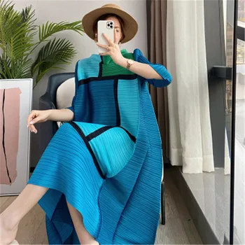2021 nové letné Miyake záhyby módne pohodlné voľné geometrické grafika, digitálna tlač tri-štvrtiny rukáv a-line šaty