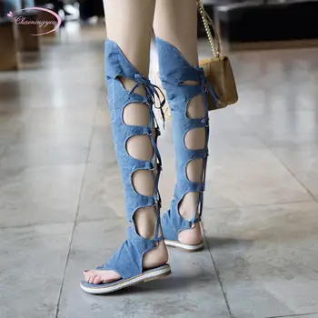 Európska street style pohodlné letné topánky denim zoris módne sandále krajky-up béžová čierna modrá byt s dámske topánky