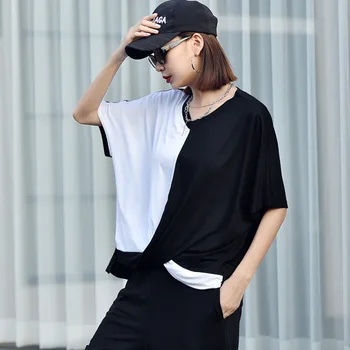 IEQJ Ženy Black Bežné Kontrastné tvaru Predné Prešiel Bat Rukáv Pulóver T-shirt Nový Krátky Rukáv Fashion Lete 2021 3F1020