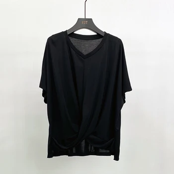 IEQJ Ženy Black Bežné Kontrastné tvaru Predné Prešiel Bat Rukáv Pulóver T-shirt Nový Krátky Rukáv Fashion Lete 2021 3F1020