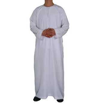 2021 Nové Omán Moslimských Marocký Dlhý Rukáv Kolo Krku Islamskej pánske jednofarebné Šaty, Biely arabský Kaftan Muži Uctievajú Abaya
