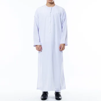 2021 Nové Omán Moslimských Marocký Dlhý Rukáv Kolo Krku Islamskej pánske jednofarebné Šaty, Biely arabský Kaftan Muži Uctievajú Abaya