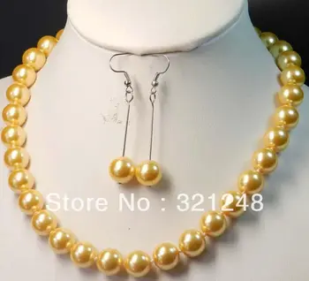Doprava zadarmo 12mm zlatá shell simulované-pearl okrúhle korálky náhrdelníky náušnice šperky set vysoký stupeň strany náhrdelník 18