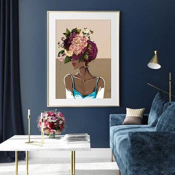 Módne Dievča Afrika Čierna Žena Kvet Hlavu Nordic Plagát Na Stenu Umelecké Plátno Na Maľovanie Obrazov Na Stenu Pre Obývacia Izba Domov Bez Rámu