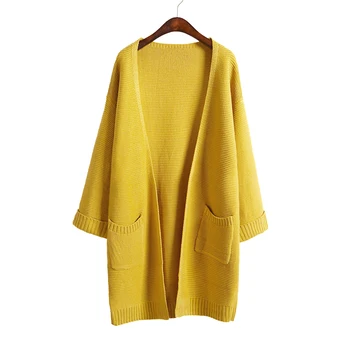 2021 Jeseň nové široké rukávy svetre vesty Žien tvaru voľné pletený sveter s vreckami zimné ležérne oblečenie kabát