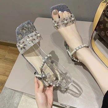Rimocy Crystal Pearl Ženy Letné Sandále Fashion Square Prsty Strany Sandalias Mujer 2021 Vonkajšie Svetlo Priedušná Obuv Žena