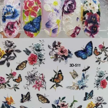 3D Akrylové Vyryté Kvet na Nechty, Nálepky Plastický Krásne Kvety, Zelené lístie na Nechty, tobogán Obtlačky Nail Art, Ozdoby