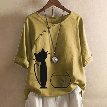 Vtipné Mačku Grafické Topy Pre Ženy Vintage Bavlna Bielizeň, tričká, Dámske Ležérne Voľné Polovičný Rukáv Tlačidlo Tees Žena Streetwear A40