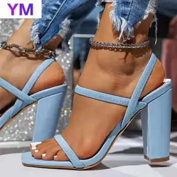 Sexy Modré dámske Sandále NOVÉ Letné Módne Sladké Úzkom Pásme PU Pevné Stiletto Námestie Podpätky Sandále Retro Zapatos De Mujer