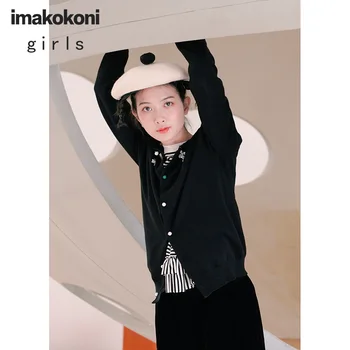 Imakokoni originálny design čierna single-breasted troch-dimenzionální dekoratívne pletený sveter žena jar nový štýl 213251