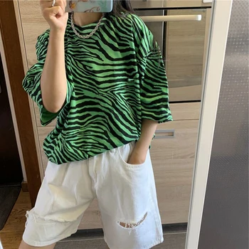 Ženy Cartoon Punk T-Shirt Nadrozmerná Streetwear Zebra Vzor Tlače Dropshipping kórejský Hip Hop Y2K Zelený Krátky Rukáv Oblečenie