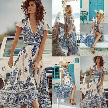 Hirigin Ženy retro kvetinový tlač dlhé šaty letné Hlboké V Maxi Šaty, Vintage high split šifón ženy sundress vestidos
