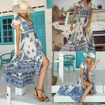 Hirigin Ženy retro kvetinový tlač dlhé šaty letné Hlboké V Maxi Šaty, Vintage high split šifón ženy sundress vestidos