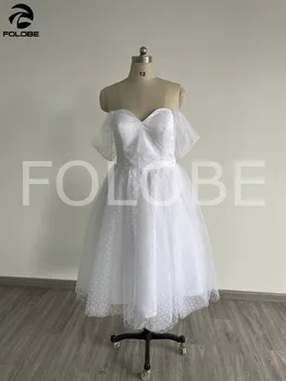 Krátke Svadobné Šaty Dot Tylu Milú Ramena Midi-teľa LengthRobe De Mariee A-Line Svadobné Šaty na Zákazku 2021