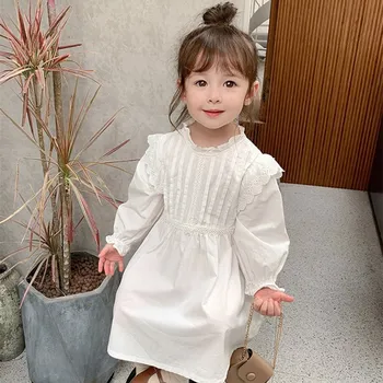 Dieťa Dievča Princezná Prehrabať Šaty Biele Dlhý Rukáv Batoľa Dievča Bavlna Vestido Vintage Strany Svadobný Sprievod Detské Oblečenie 2-10Y
