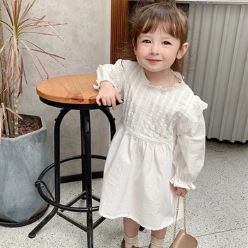 Dieťa Dievča Princezná Prehrabať Šaty Biele Dlhý Rukáv Batoľa Dievča Bavlna Vestido Vintage Strany Svadobný Sprievod Detské Oblečenie 2-10Y