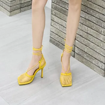 Xibeilove 2021 Nové Sexy Žltá Oka Vysoké Podpätky Sandále Námestie-Toe Žien Kríž Popruh Krajky-Up Stiletto Duté Topánky