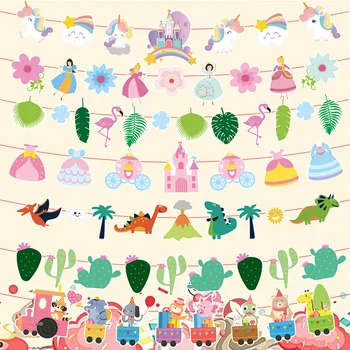 Havajská Párty Výzdoba Banner Dinosaura Jednorožec Flamingo Princezná Cartoon Zvieratá Happy Birthday Party Dekor Deti, Chlapec A Dievča, Girlandy