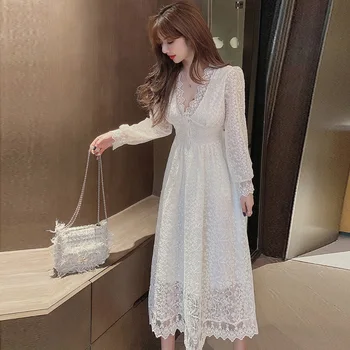 Jar, Jeseň Francúzskej Čipky Ženy Šaty 2021 Nový Kórejský Farbou Tvaru Elegantné Tenké Módne Temperament Žien Dlhé Šaty