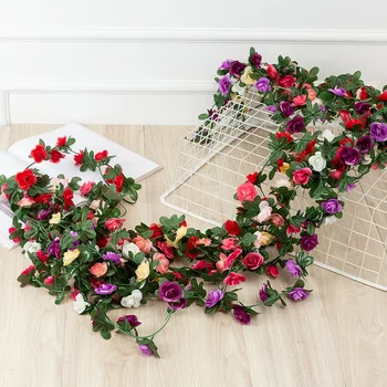 2.2 M Umelé ruže, kvety ratan jeseň Malé Pivónia String dekor hodváb falošné garland pre svadobné domov hotel Záhradné Dekorácie