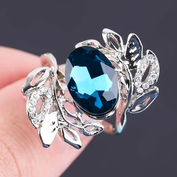 Čaro Veľkého Modrého Oválu Crystal Prstene pre Ženy, Tvorivé Pobočky Listy Pár Prstene, Svadobné Osobnosti Šperky Krúžok Veľkoobchod