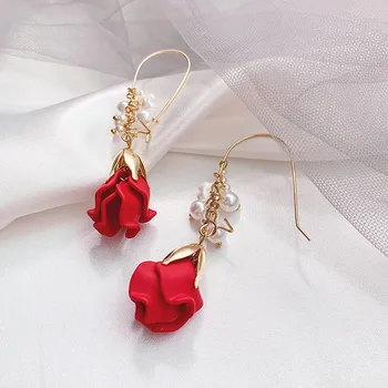 2019 Kórea Horúce Módne Šperky Nový Dizajn Sladké Romantické Red Rose Elegantné Náušnice Perly Veniec Náušnice pre ženy darček