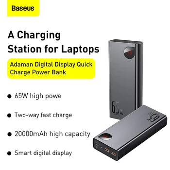 Baseus PD 65W Power Bank 20000mAh QC4.0 Prenosné Nabíjanie Externej Batérie, Nabíjačky PowerBank Pre iPhone Xiao Macbook PoverBank