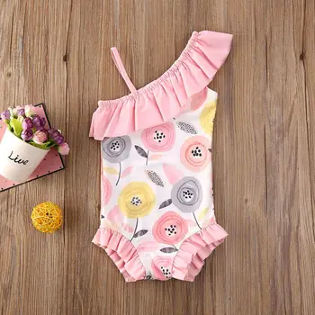2020 Módny Trend Dieťa Dieťa Dievča Jedného Pleca Kvetinový Tlač Plavky jednodielne Plavky, Oblečenie Horúcich Letných Nové letné plážové oblečenie