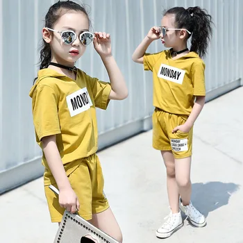 Dievčatá nastaviť 2020 Lete nové oblečenie písmeno T-shir+ Šortky Dvoch-dielny Dievča Módne Športové Vyhovovali 6 8 10 1214 ročný