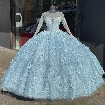 Svetlo Modrá 2021 plesové Šaty, Quinceanera Šaty Svadobné Šaty Milú, Dlhý Rukáv Sweet 16 Šaty vestidos de xv años anos