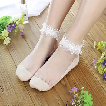 NDUCJSI Transparentnej Čipky Priedušná Tenké Letné Ponožky Ženy Biele Ponožky Hodváb Kryštál Ruže Kvet Elastické Ženy 1 Pár Dievčat