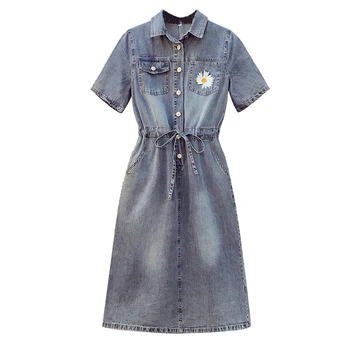 2021 Jean Šaty Plus Veľkosti, tvaru Kvetinový Džínsové Šaty Letné Ženy Denim Sundresses Krátke Rukávy Voľné Šaty, Oblečenie