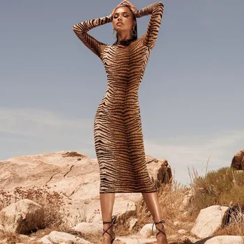 Jeseň roku 2019 leopard šaty pulóver žena Bežné dlhý rukáv leopard tlač telo con midi šaty chudnutie pošva ženy oblečenie