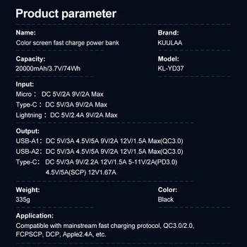 KUULAA Digitálny Displej Power Bank 20000mAh QC PD 3.0 PoverBank Rýchle Nabíjanie PowerBank 20000 mAh, USB Externá Nabíjačka Batérií