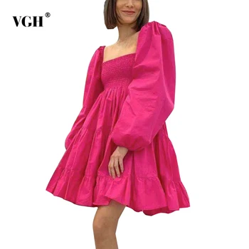 VGH Bežné Pevné Šaty Pre Ženy, Námestie Golier Lístkového Dlhý Rukáv Vysoký Pás Voľné Ruched Mini Šaty Žena 2021 Letné Oblečenie