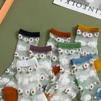 Transparentné Ponožky Ženy Kvetinový pre Daisy Tenké Letné Priedušná Módne Príliv Indie Pop Sockset Žien Obyčajné Ponožky Čipky Kawaii